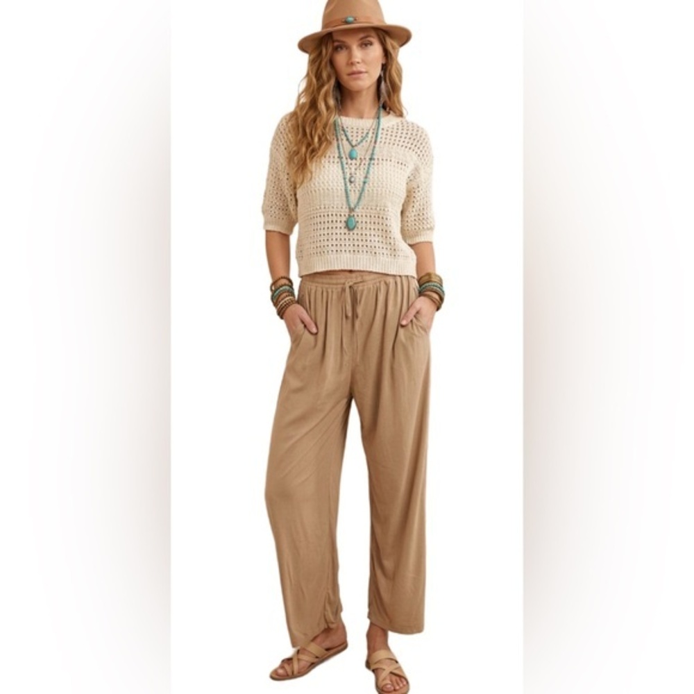 POL Boho Chic Faux Suede Drawstring Relaxed Fit Wide Leg Loungr Pants Size Small
